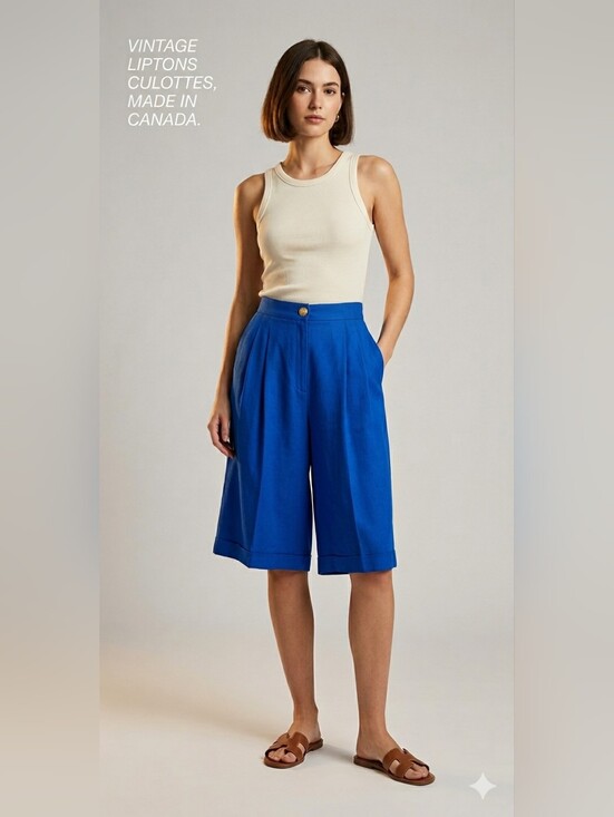 Vintage Pants - Vintage Liptons High Waist Wide Leg Pleated Shorts Culottes Blue Modern Size L